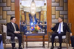 El primer ministro de Vietnam, Le Minh Hung (derecha), conversa con el secretario general de la ASEAN, Kao Kim Hourn. (Foto: VNA)