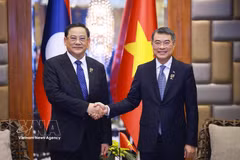 El primer ministro de Vietnam, Le Minh Hung (derecha), se reúne con su homólogo de Laos, Sonexay Siphandone. (Foto: VNA)