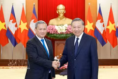 El secretario general del Partido Comunista de Vietnam y presidente de la República, To Lam (derecha), recibe al primer ministro de Camboya, Hun Manet. (Foto: VNA)