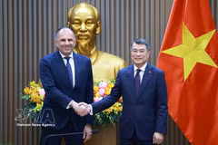 El primer ministro de Vietnam, Le Minh Hung (derecha), recibe al ministro de Relaciones Exteriores de Grecia, George Gerapetritis. (Foto: VNA)
