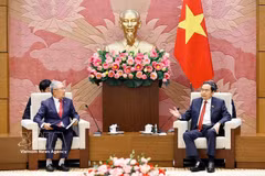 El presidente de la Asamblea Nacional de Vietnam, Tran Thanh Man (derecha), recibe al presidente de la Asociación de Amistad Corea del Sur-Vietnam, Lee Shin Jae. (Foto: VNA)