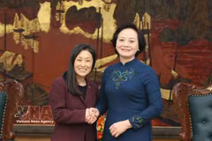 La viceprimera ministra vietnamita, Pham Thi Thanh Tra (derecha), recibe a la embajadora de Estados Unidos, Jennifer Wicks. (Foto: VNA)