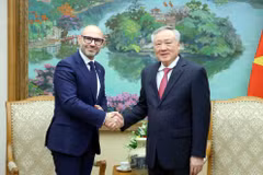 El viceprimer ministro de Vietnam, Nguyen Hoa Binh (derecha), recibe a Marcin Czepelak, secretario general de la Corte Permanente de Arbitraje (Foto: VNA)