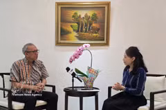 Beni Sukadis, coordinador sénior del Instituto Indonesio de Estudios de Defensa y Estrategia (Lesperssi), en la entrevista. (Foto: VNA)