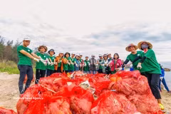 Recolección de residuos plásticos en el estuario de Sa Can, provincia de Quang Ngai. (Foto: VNA)