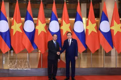 El presidente de la AN, Tran Thanh Man (derecha), recibe a Vilay Lakhamphong, miembro del Buró Político e integrante permanente del Secretariado del Comité Central del PPRL. (Foto: VNA)
