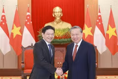 El secretario general del Partido Comunista de Vietnam, To Lam (derecha), recibe al primer ministro de Singapur, Lawrence Wong (Foto: VNA)