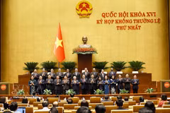 El presidente de la Asamblea Nacional, Tran Thanh Man, posa para una foto con representantes de la Organización de Parlamentarios de Amistad de Vietnam para la XVI Legislatura y delegados internacionales. (Foto: VNA)