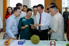 El viceprimer ministro Ho Quoc Dung y otros delegados experimentan el sistema de trazabilidad de productos agrícolas de Vietnam con un durián. (Foto: danviet.vn)