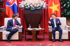 El general Luong Tam Quang (izquierda), ministro de Seguridad Pública de Vietnam, recibe a Robert Kaliňák, viceprimer ministro y titular de Defensa de Eslovaquia. (Foto: VNA)