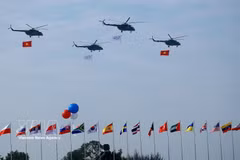 Helicópteros realizan un vuelo de exhibición durante la ceremonia de inauguración de la Exposición Internacional de Defensa de Vietnam 2024. (Foto: VNA)