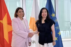 La viceministra de Relaciones Exteriores de Vietnam, Le Thi Thu Hang (derecha), se reúne con la viceministra permanente de la Presidencia de Chipre, Irene Piki (Foto: VNA)