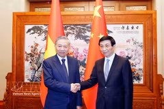 El secretario general del Comité Central del PCV y presidente del país, To Lam (izquierda), se reúne con el titular del Comité Nacional de la CCPPCh, Wang Huning. (Foto: VNA)