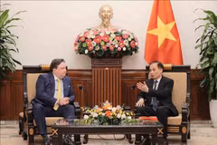 El secretario del Comité Central del Partido Comunista y ministro interino de Relaciones Exteriores de Vietnam, Le Hoai Trung (derecha), conversa con el embajador de Washington en Hanoi, Marc Knapper. (Foto: VNA)