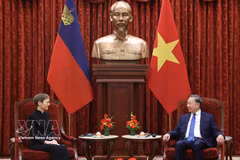El secretario general del Partido Comunista y presidente de Vietnam, To Lam, recibe a la primera ministra de Liechtenstein, Brigitte Haas. (Foto: VNA)