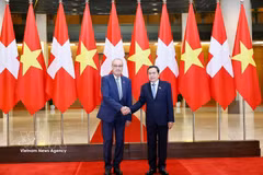 El presidente de la Asamblea Nacional de Vietnam, Tran Thanh Man (derecha), se reúne con el presidente de Suiza, Guy Parmelin. (Foto: VNA)
