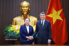 El primer ministro de Vietnam, Le Minh Hung, recibe a Sisay Leudetmounsone, miembro del Buró Político, secretaria del Comité Central y jefa de la Comisión de Organización del Comité Central del PPRL. (Foto: VNA)