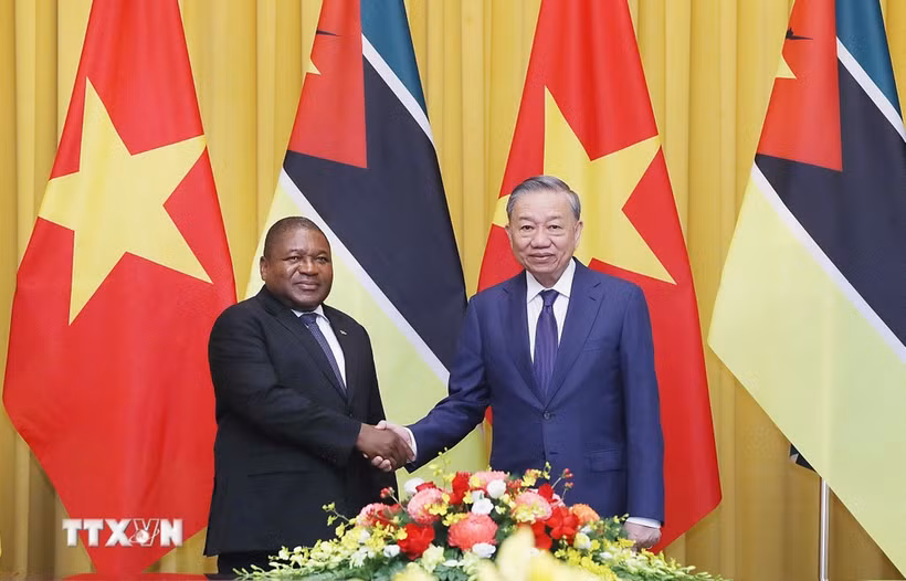 El secretario general del Partido Comunista y presidente de Vietnam, To Lam (derecha), recibe al presidente de Mozambique, Filipe Jacinto Nyusi. (Foto: VNA)