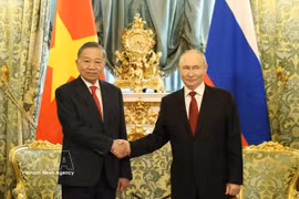 El secretario general del Partido y presidente de Vietnam, To Lam y el presidente ruso, Vladimir Putin, posan para una foto conjunta antes de las conversaciones. Foto: Thong Nhat/VNA