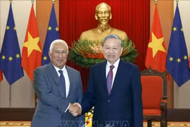 El secreratario general del Partido Comunista de Vietnam, To Lam, recibe al presidente del Consejo Europeo, António Costa, en Hanoi. (Foto: VNA)