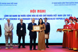 La vicecanciller Le Thi Thu hang entrega la Medalla Conmemorativa «Por la Causa de la Diplomacia de Vietnam» y certificados de reconocimiento del Ministerio de Relaciones Exteriores a cónsules honorarios por sus destacados aportes a la labor diplomática. (Foto: VNA)