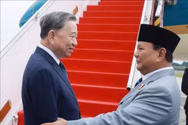 El presidente indonesio y presidente del Partido Movimiento Gran Indonesia (Gerindra), Prabowo Subianto, despide al secretario general del Partido Comunista de Vietnam, To Lam, en el aeropuerto militar Halim Perdanakusuma, en Yakarta. (Foto: VNA)
