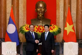 El presidente vietnamita Luong Cuong (derecha) y el primer ministro de Laos, Sonexay Siphandone. (Foto: VNA)