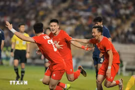 Jugadores vietnamitas celebran la victoria. (Foto: VNA)