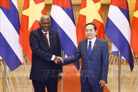 El presidente de la Asamblea Nacional de Vietnam, Tran Thanh Man, y su homólogo cubano, Esteban Lazo Hernández. (Foto: VNA)