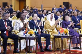 El presidente de la Asamblea Nacional, Tran Thanh Man (tercero desde la izquierda), encabeza una delegación vietnamita al participar en la 11ª sesión plenaria del IPTP. (Foto: VNA)