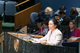 La embajadora Nguyen Phuong Nga, jefa de la misión diplomática vietnamita ante las Naciones Unidas (ONU) en la sesión plenaria de la Asamblea General de la ONU en Nueva York (Fuente:VNA).
