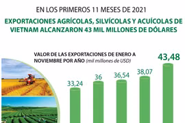 Exportaciones agro-silvícolas y acuícolas de Vietnam aumentan de enero a noviembre