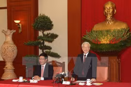 El secretario general del Partido Comunista de Vietnam, Nguyen Phu Trong, se reunió con una delegación de diplomáticos en ocasión del 70 aniversario del sector (Fuente: VNA)