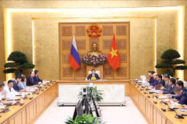 El viceprimer ministro vietnamita Tran Hong Ha y su homólogo ruso, Dmitry Chernyshenko, copresiden la reunión. (Fuente: VNA)