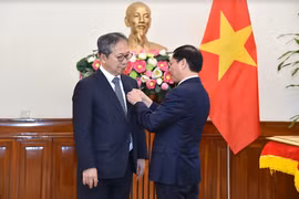 El ministro vietnamita de Relaciones Exteriores, Bui Thanh Son, entrega la medalla conmemorativa “Por la causa de la diplomacia vietnamita” al embajador japonés en Vietnam, Yamada Takio. (Fuente: TGVN)