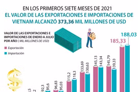 Valor de las exportaciones e importaciones de Vietnam alcanzó 373,36 mil millones de USD