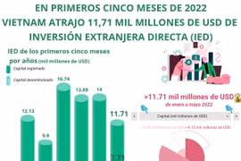 Vietnam atrajo 11,71 mil millones de dólares de IED en cinco primeros meses de 2022