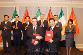 En la firma de un documento de cooperación entre la Universidad FPT (Vietnam) y el Centro de Investigación ADAPT (Irlanda) sobre el desarrollo de recursos humanos de alta tecnología en el campo de la inteligencia artificial. (Fuente:VNA)
