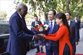 El presidente de la Asamblea Nacional de Vietnam, Tran Thanh Man, recibe a su homólogo cubano, Esteban Lazo Hernández. (Fuente:VNA)