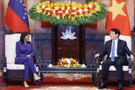 El presidente vietnamita, Luong Cuong, recibe a la vicepresidenta ejecutiva de Venezuela, Delcy Rodríguez Gómez. (Fuente:VNA)