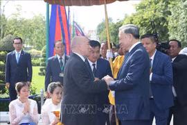 El rey camboyano, Norodom Shihamoni (en la izquierda), recibe al presidente vietnamita, To Lam (en la derecha). (Fuente: VNA)