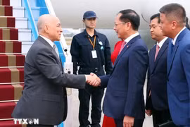 El rey Norodom Sihamoni (izquierda) es recibido en el aeropuerto internacional de Noi Bai por el viceprimer ministro y canciller, Bui Thanh Son (Fuente: VNA)