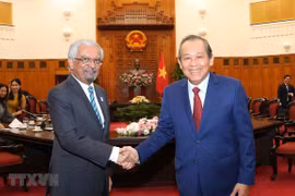 El viceprimer ministro permanente de Vietnam, Truong Hoa Binh (D), y el coordinador residente de la ONU en el país, Kamal Malhotra (I)