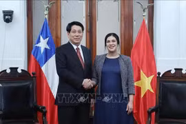El presidente de Vietnam, Luong Cuong, (I) se reúne con la presidenta de la Cámara de Diputadas y Diputados de Chile, Karol Cariola. (Fuente: VNA)