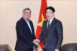 El presidente Luong Cuong (derecha) se reúne con el titular del Partido Comunista de Chile, Lautaro Carmona. (Fuente: VNA)