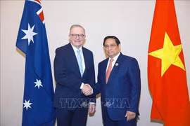El primer ministro vietnamita, Pham Minh Chinh (derecha), y su homólogo australiano, Anthony Albanese, se reúnen en Laos el 11 de octubre. (Foto: VNA)
