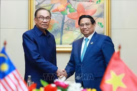 El primer ministro Pham Minh Chinh (derecha) y su homólogo malasio Anwar Ibrahim en su reunión en Vientiane el 10 de octubre. (Foto: VNA)