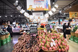 Los puestos exhiben productos agrícolas vietnamitas en la Semana de Productos Vietamitas en la provincia tailandesa de Udon Thani. (Fuente: VNA)