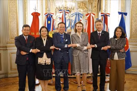 La cancillería argentina Diana Mondino y los embajadores de Vietnam, Tailandia, Indonesia, Filipinas y Malasia (Fuente: VNA)