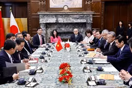 El presidente de la Asamblea Nacional de Vietnam, Tran Thanh Man, y el presidente del Senado de Japón, Sekiguchi Masakazu en la firma del acuerdo de cooperación (Fuente: VNA)